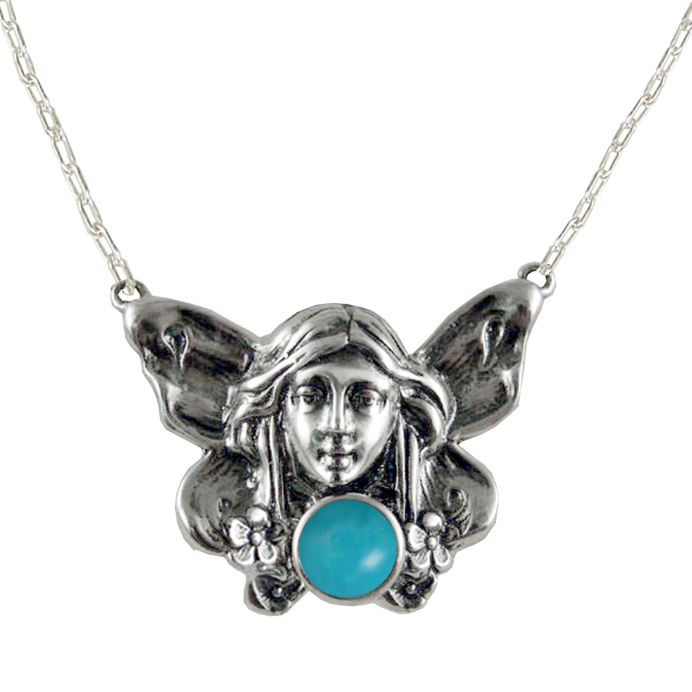 Sterling Silver Victorian Winged Fairy Necklace With Turquoise